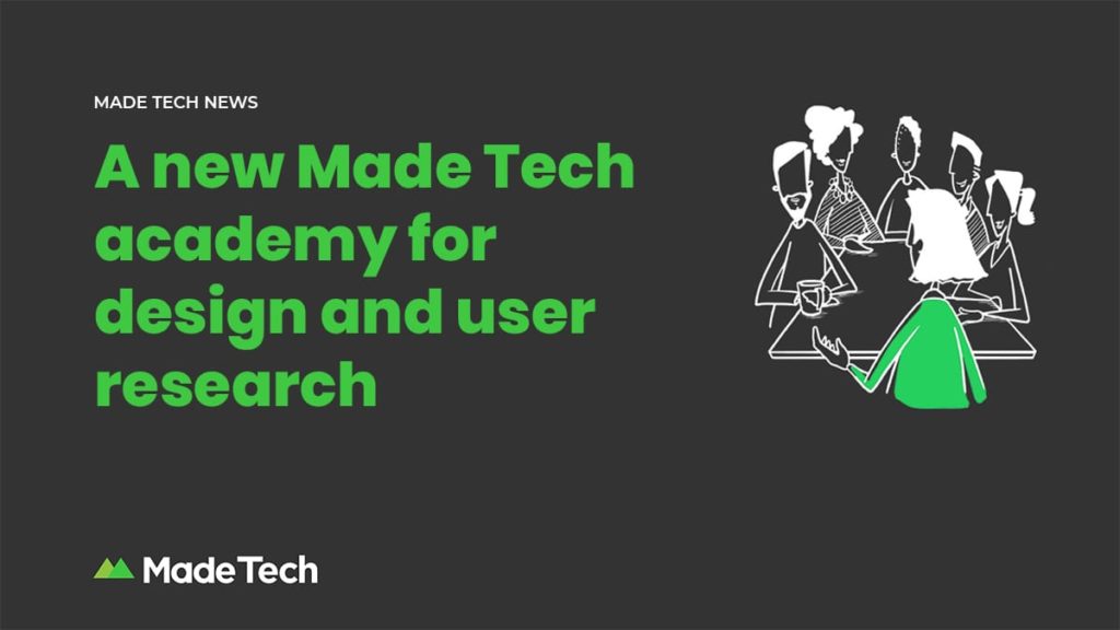 An illustration shows people collaborating around a table next to text announcing a new academy for design and user research.