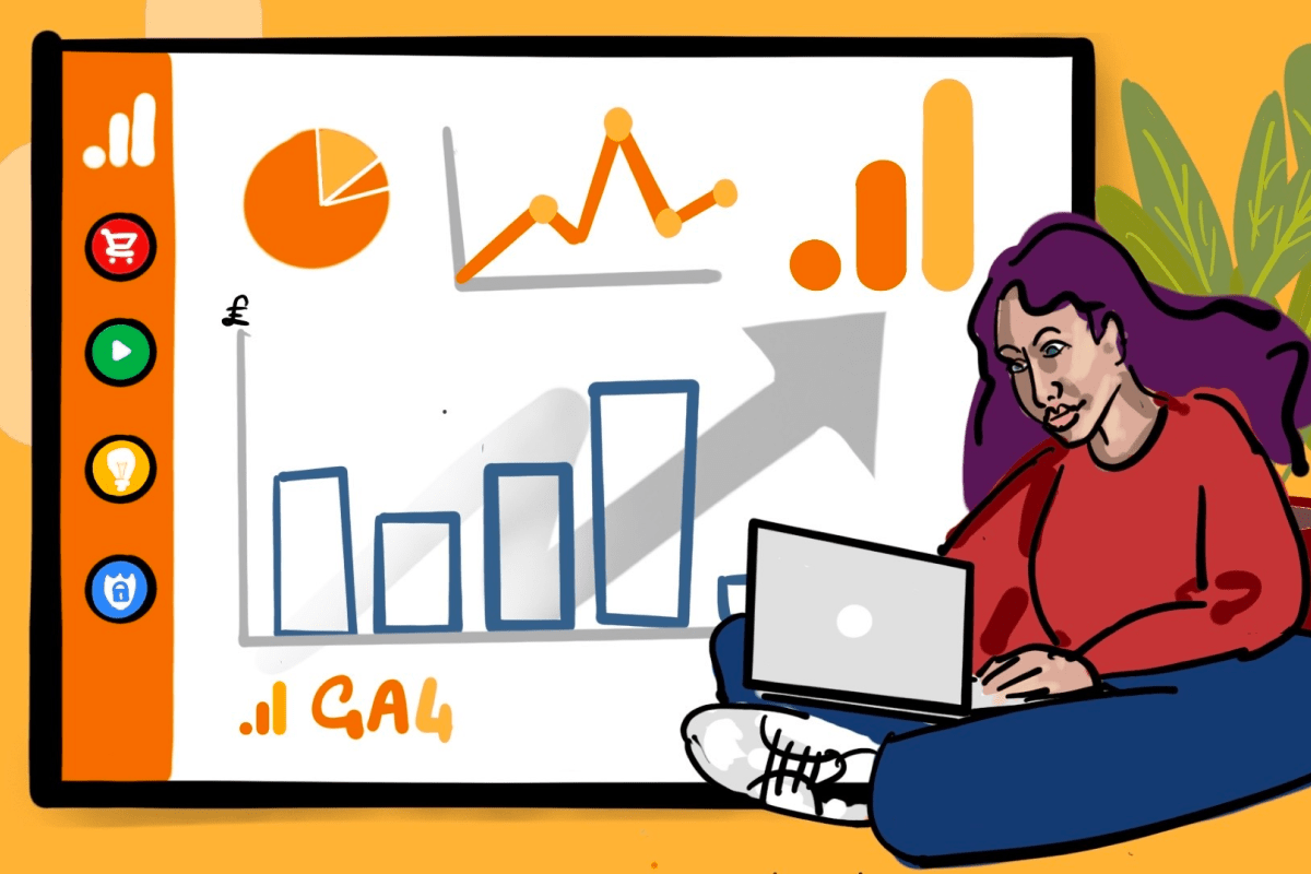 A drawing of a woman working on a computer featuring graphs.