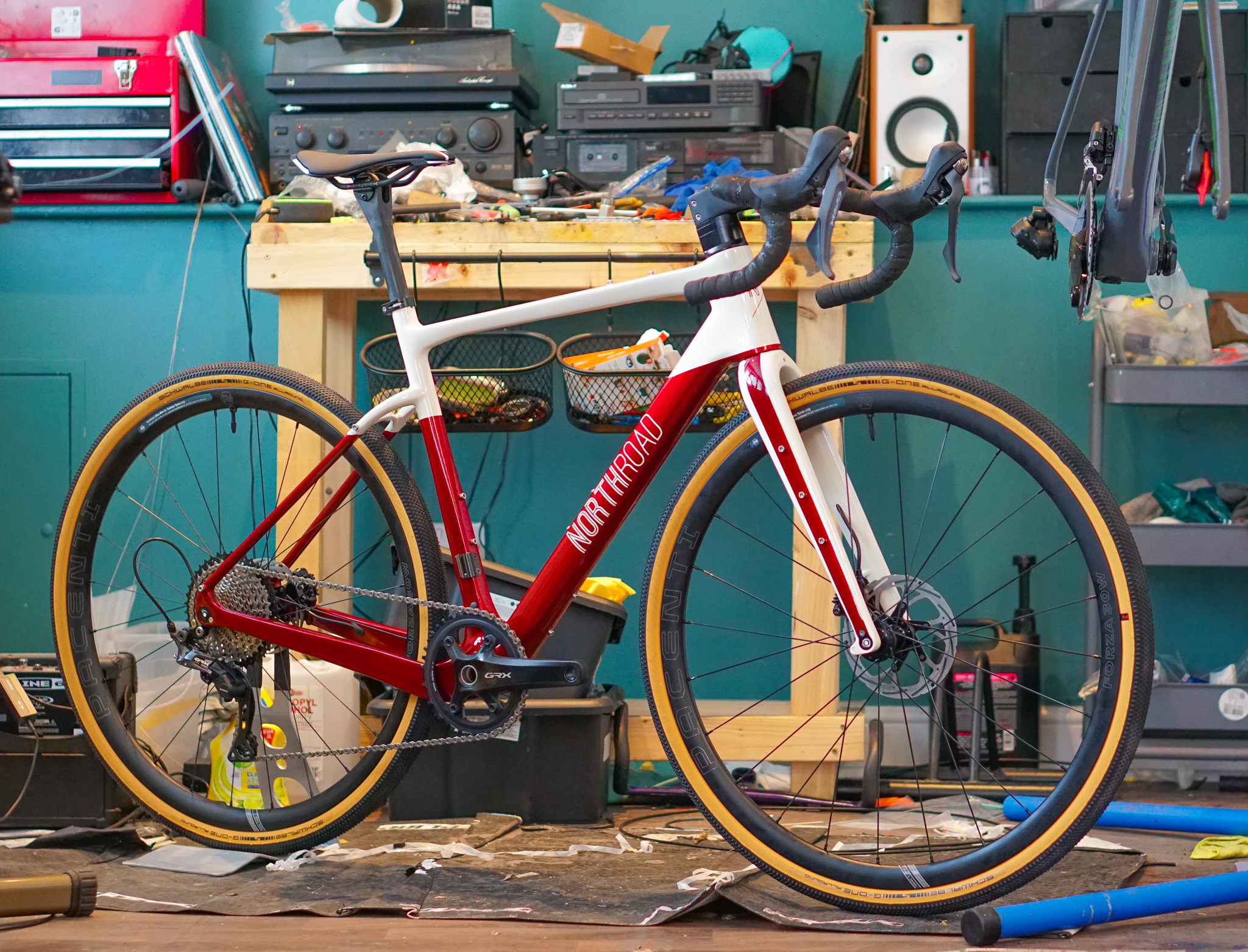 A custom bike in the NorthRoad Cycles bikery.