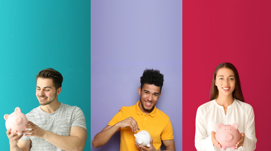 Group of people holding piggy banks against multicoloured background