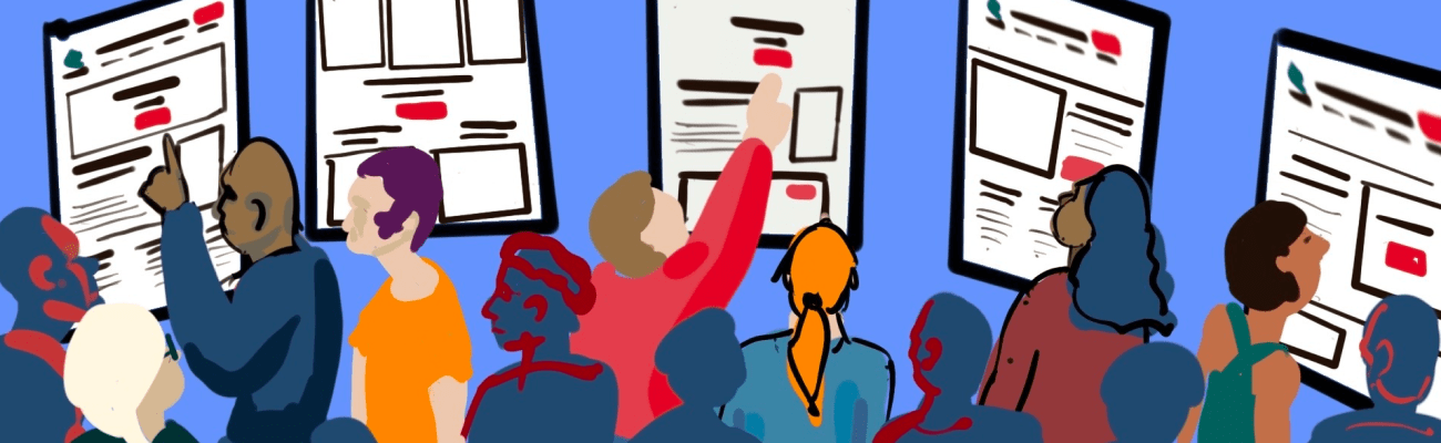 An illustration of a group of people looking at different versions to a web page.