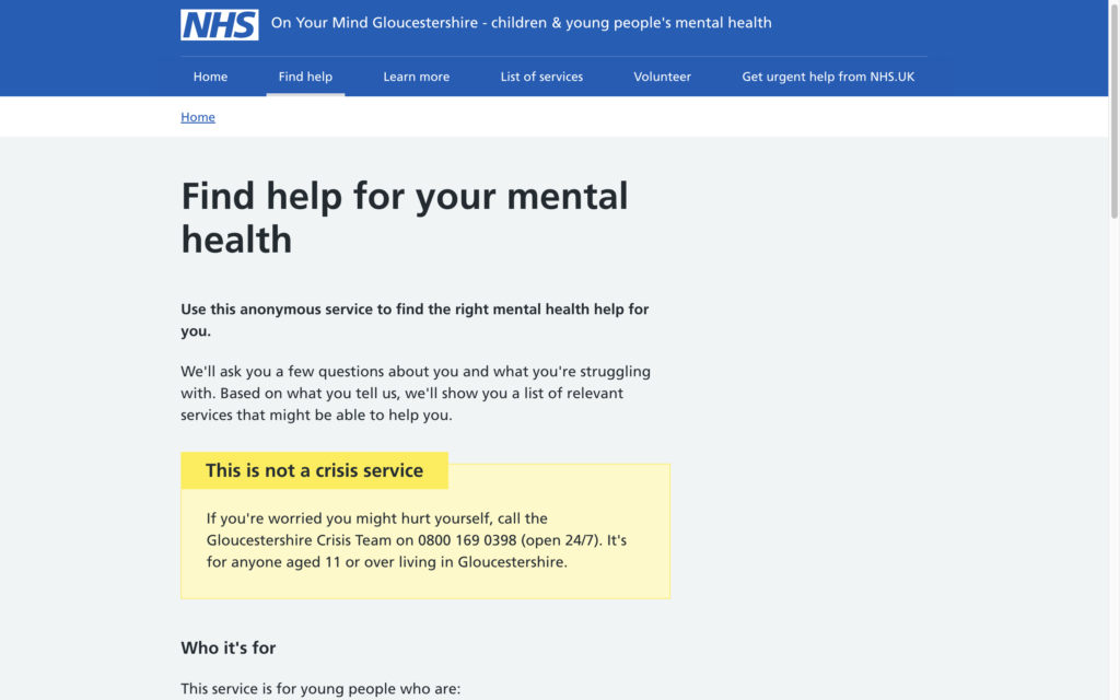 A screenshot of the mental health services for children and young people website.