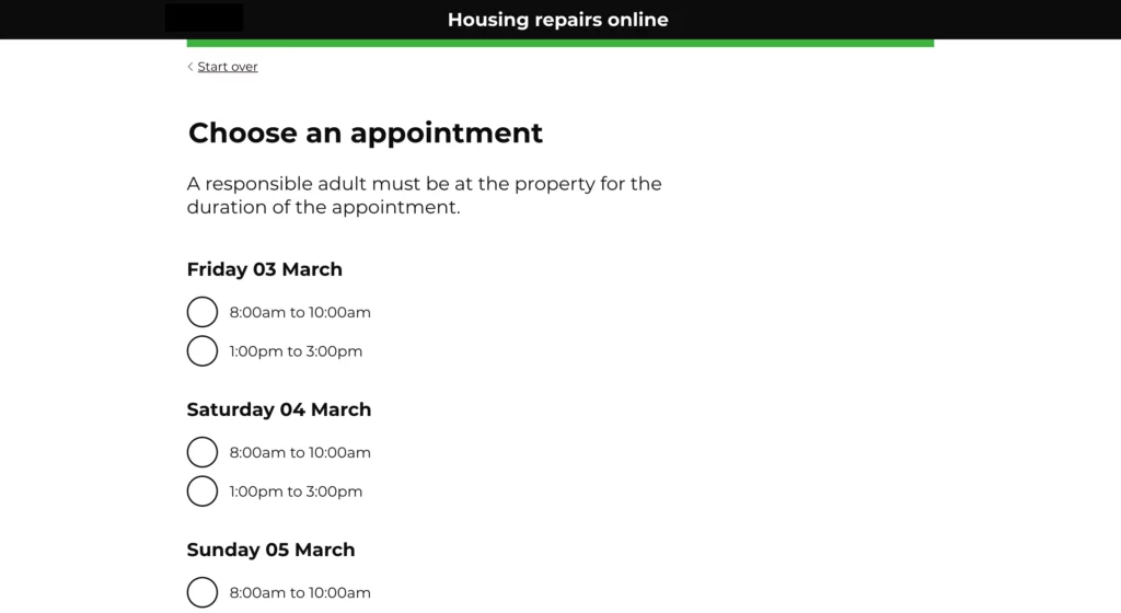 Screenshot of the product. Text on the page says: "Book an appointment" with options of 2-hour windows in the morning and afternoon on different days.