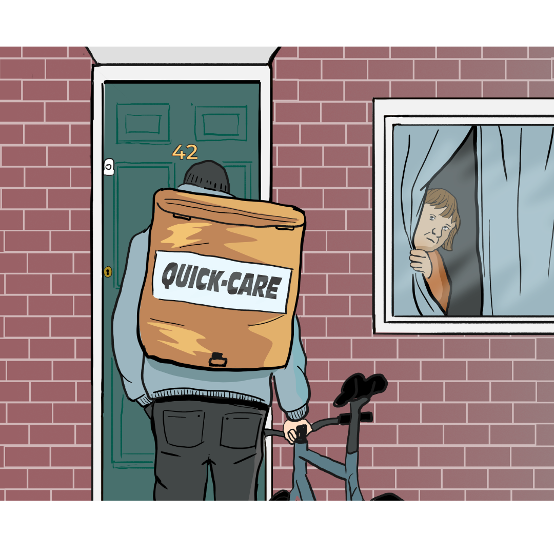 Someone looking out at a window at a person at their front door with a &#39;Quick Care&#39; food delivery backpack on.