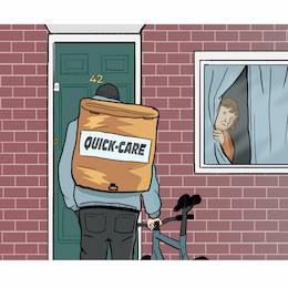 Someone looking out at a window at a person at their front door with a &#39;Quick Care&#39; food delivery backpack on.