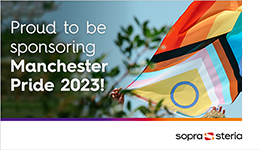 Pride flag blowing in the wind with the words &#39;Proud to be sponsoring Manchester Pride 2023!&#39;