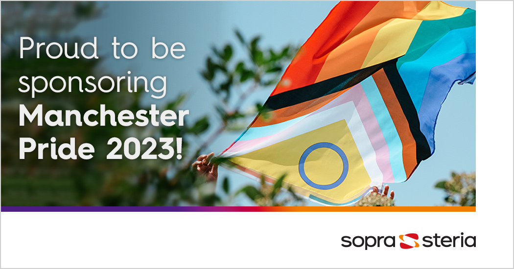 Branded Sopra Steria image of a Pride flag blowing in the wind and the words 'We're proud to be sponsoring Manchester Pride 2023!'