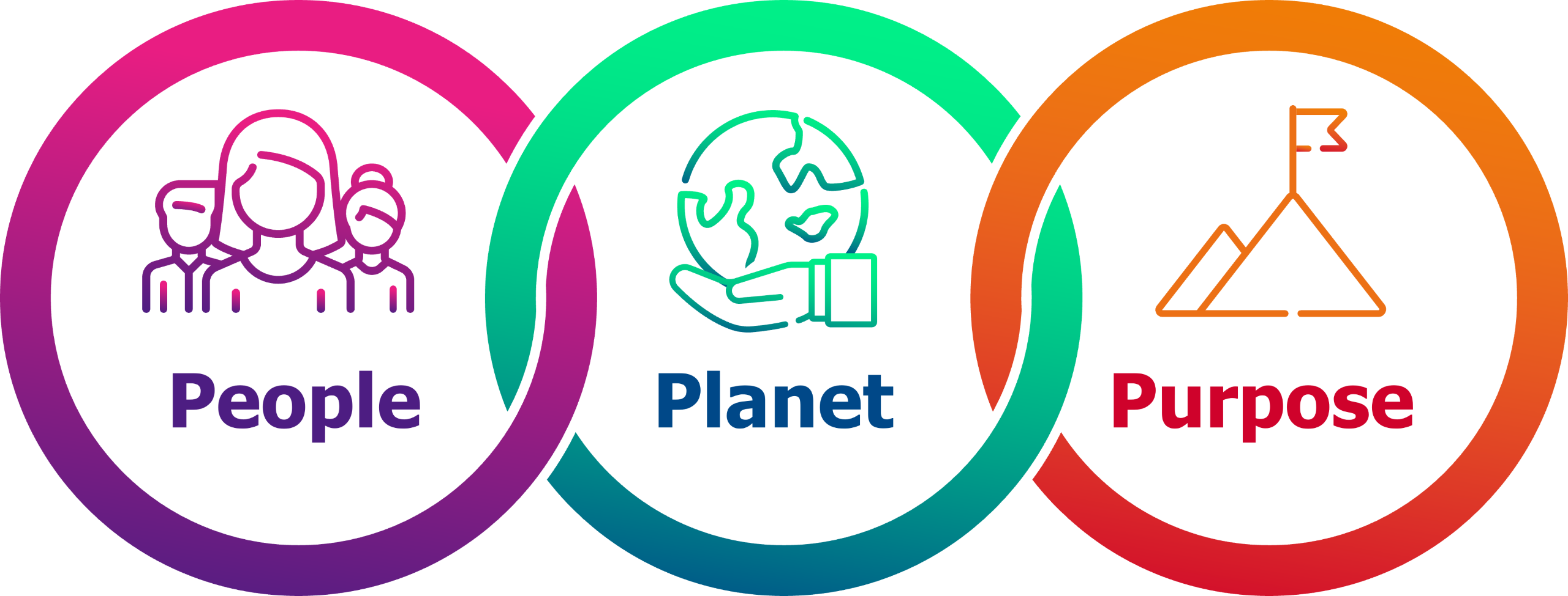 3 interlinked circles saying 'people', 'planet' and 'purpose'