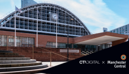 The outside of the Manchester Central building with a black triangle in the bottom right with the cti digital and manchester central logos in it