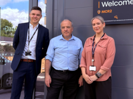 Mike Kane MP outside Datum’s MCR2 data centre with Seb Graham and Kerry Quinn