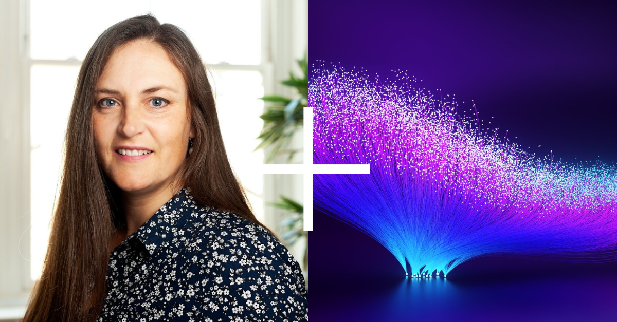 A person with long hair wearing a floral shirt next to an abstract purple gradient