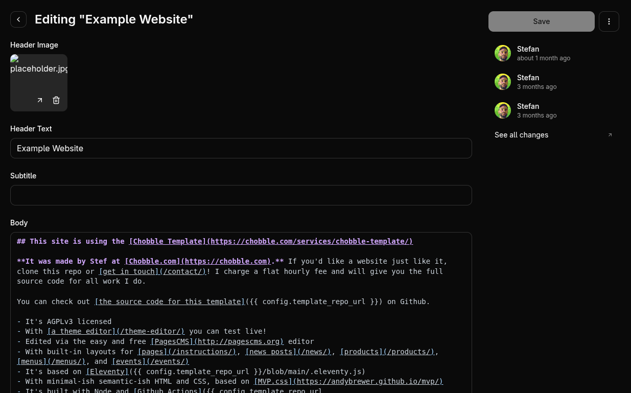 Screenshot of the PagesCMS editor, used by the Chobble Template