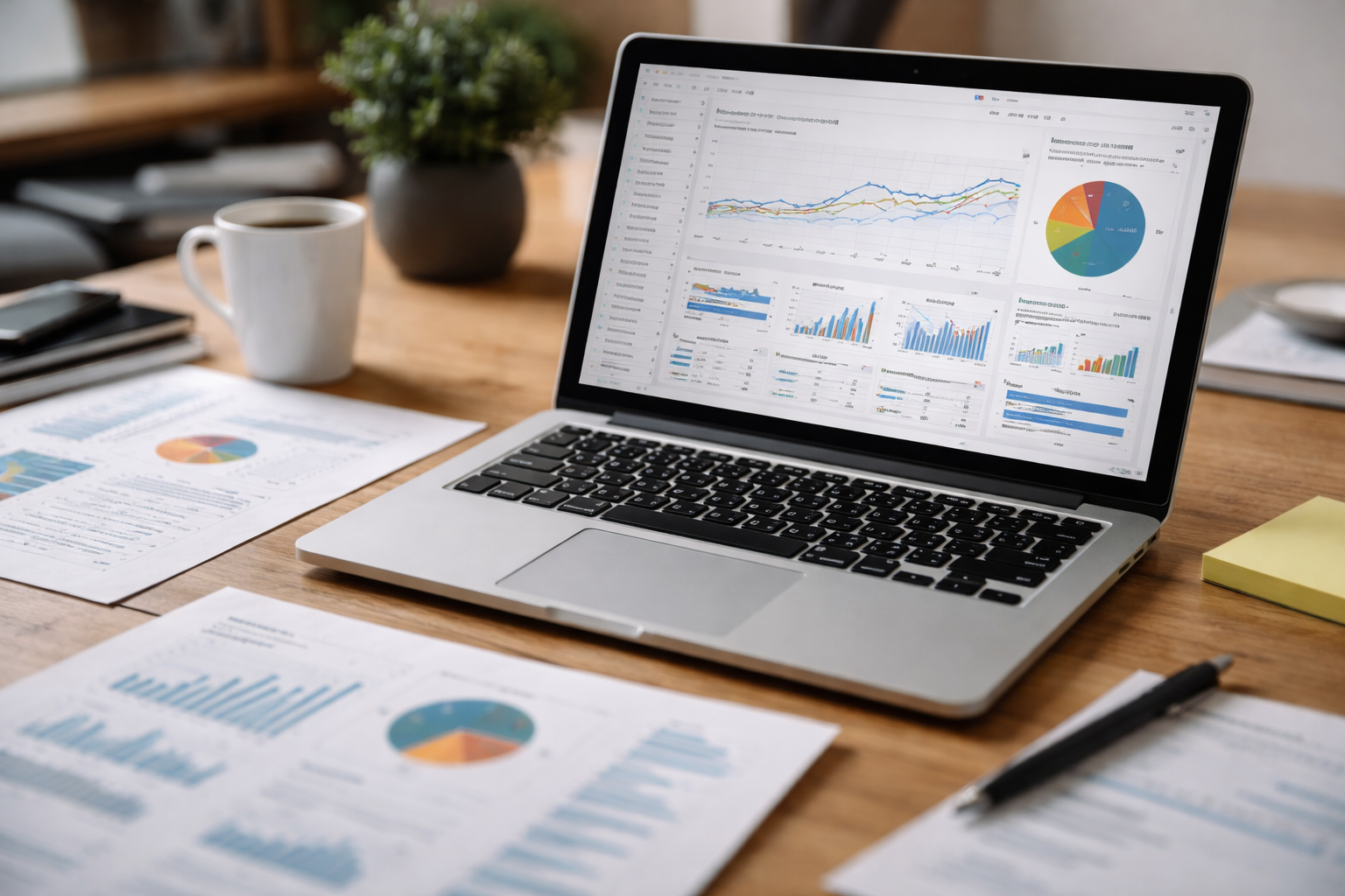 Laptop showing reporting information sits on a desk with other paper reports.