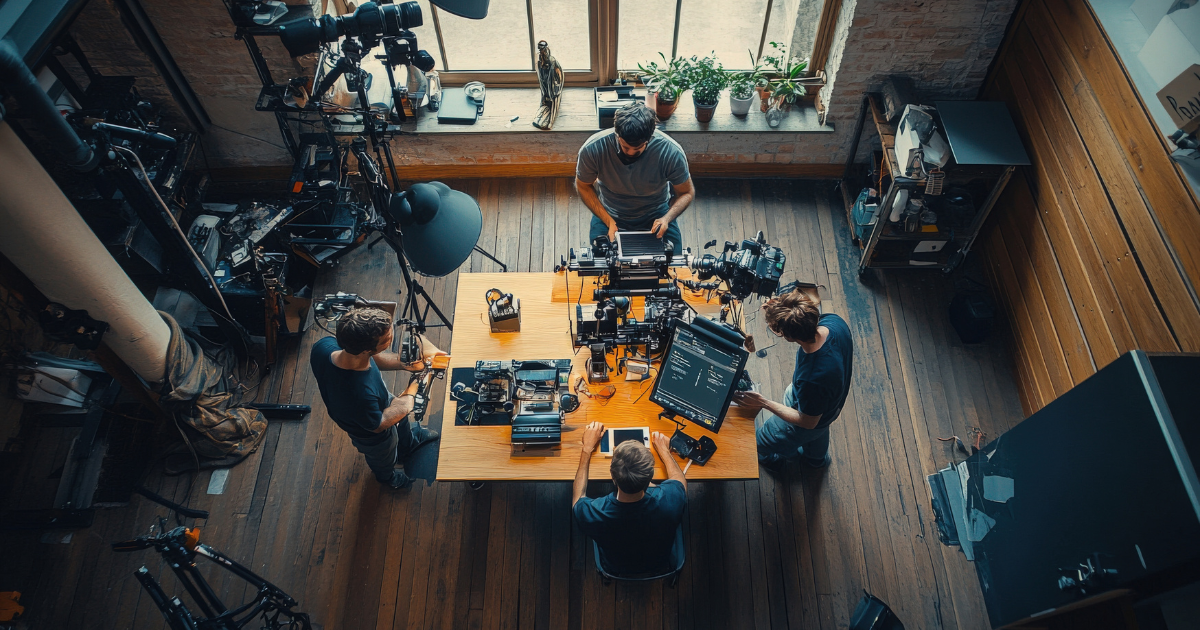  Film production team collaborating around cameras and equipment in a shared studio space