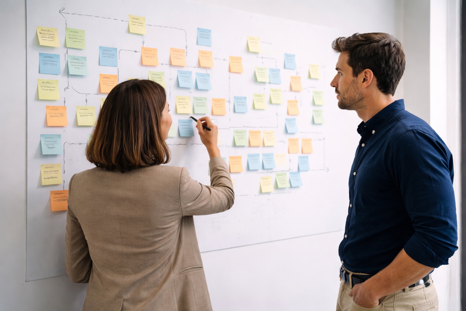 Client and agency stood at a board of sticky notes planning a complex project