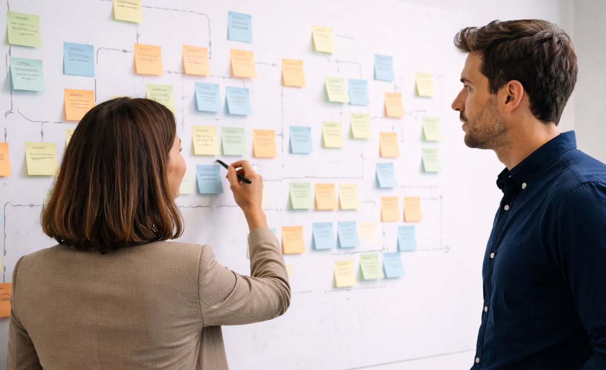 Client and agency stood at a board of sticky notes planning a complex project