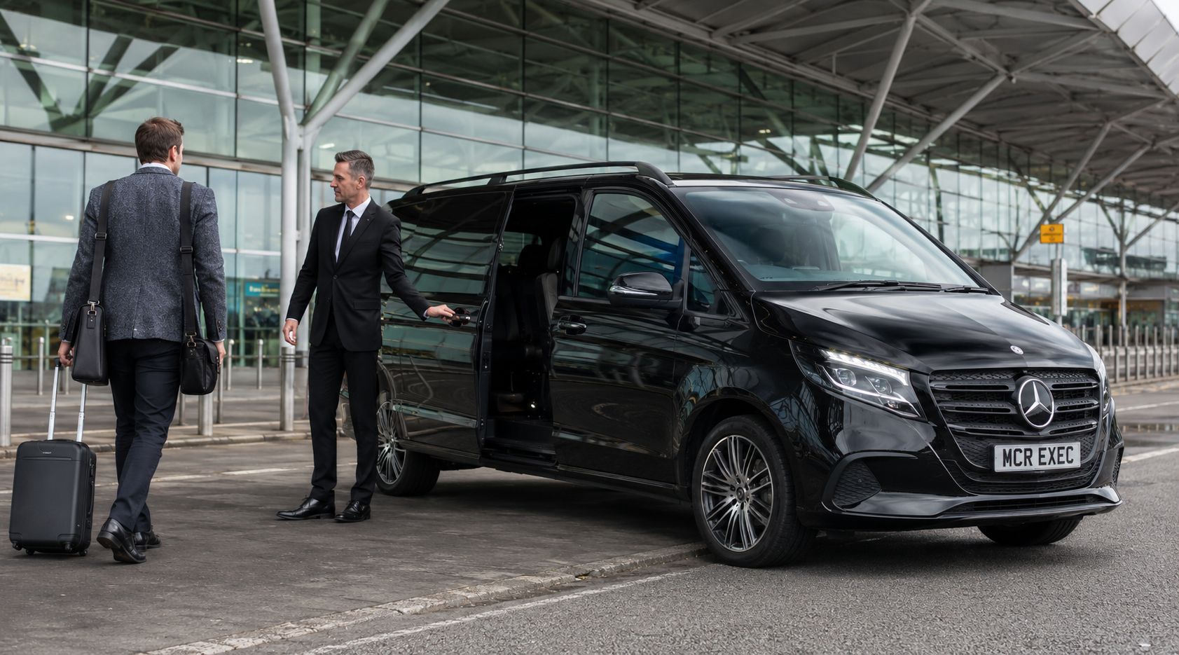 Manchester Airport To Liverpool Chauffeur Transfer with a black Mercedes V-Class from MCR EXEC collecting a business traveller at Manchester Airport.
