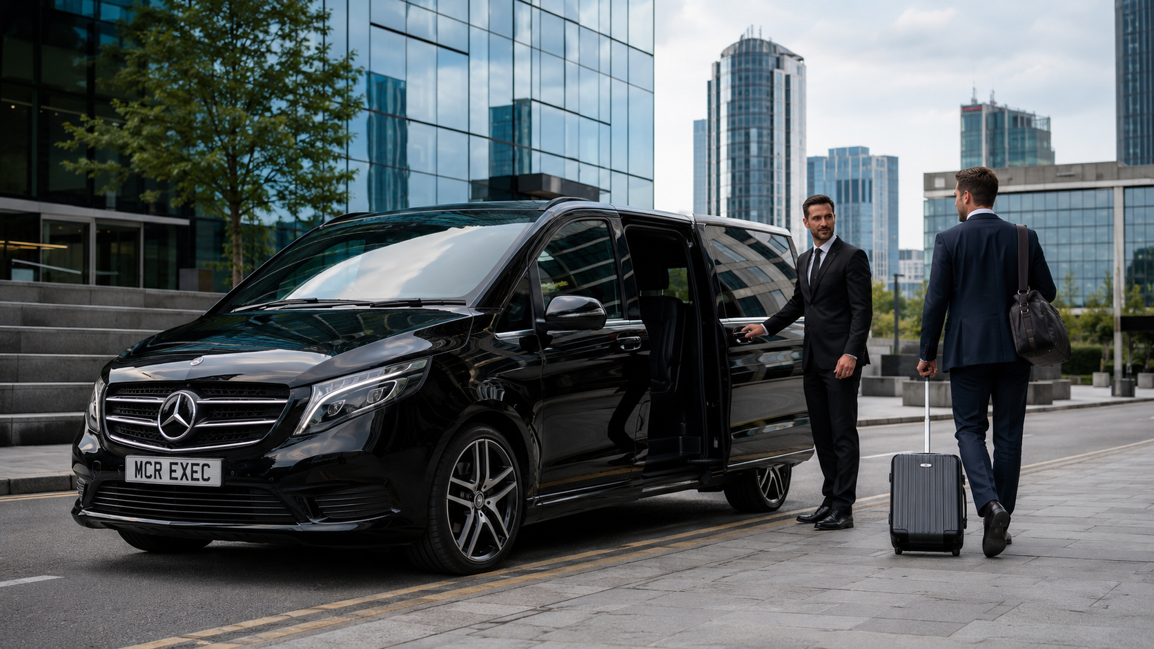 Manchester To London Chauffeur Transfer with a black Mercedes V-Class from MCR EXEC collecting a business traveller in Manchester city centre.