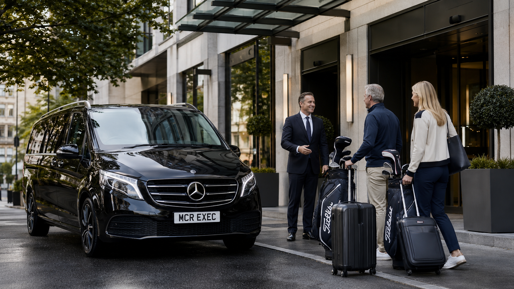 Royal Birkdale Open chauffeur travel from Manchester with a black Mercedes V-Class by MCR EXEC collecting golf guests for The Open.