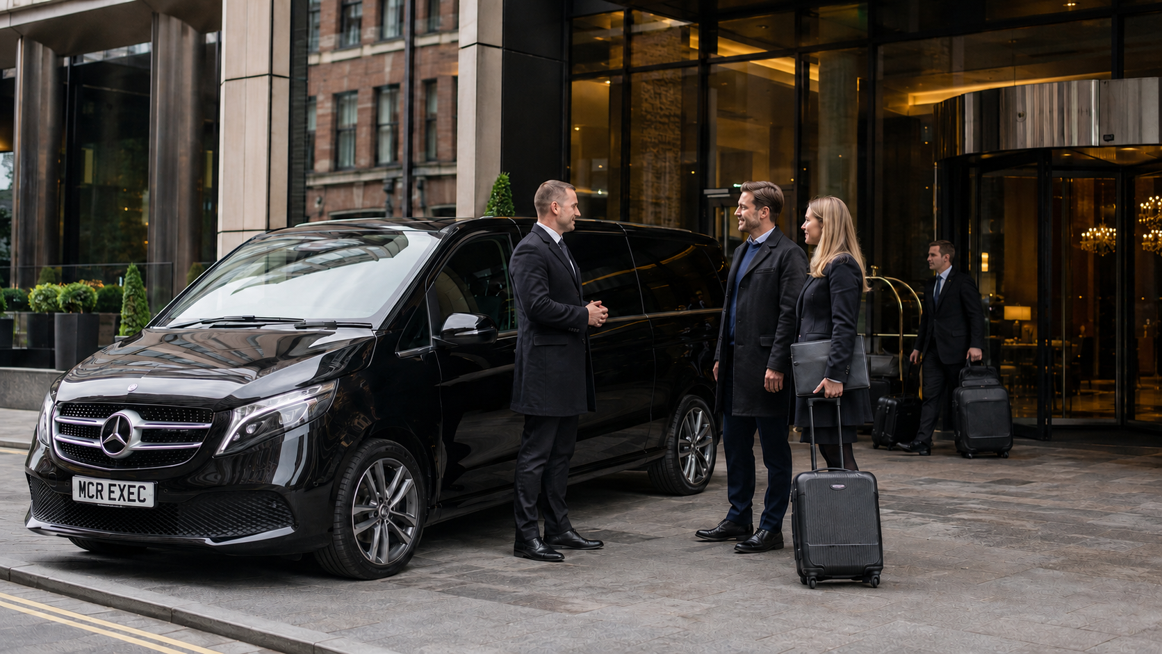 Chauffeur trade account Manchester partnership with MCR EXEC black Mercedes V-Class supporting hotels, hospitality teams and corporate travel clients