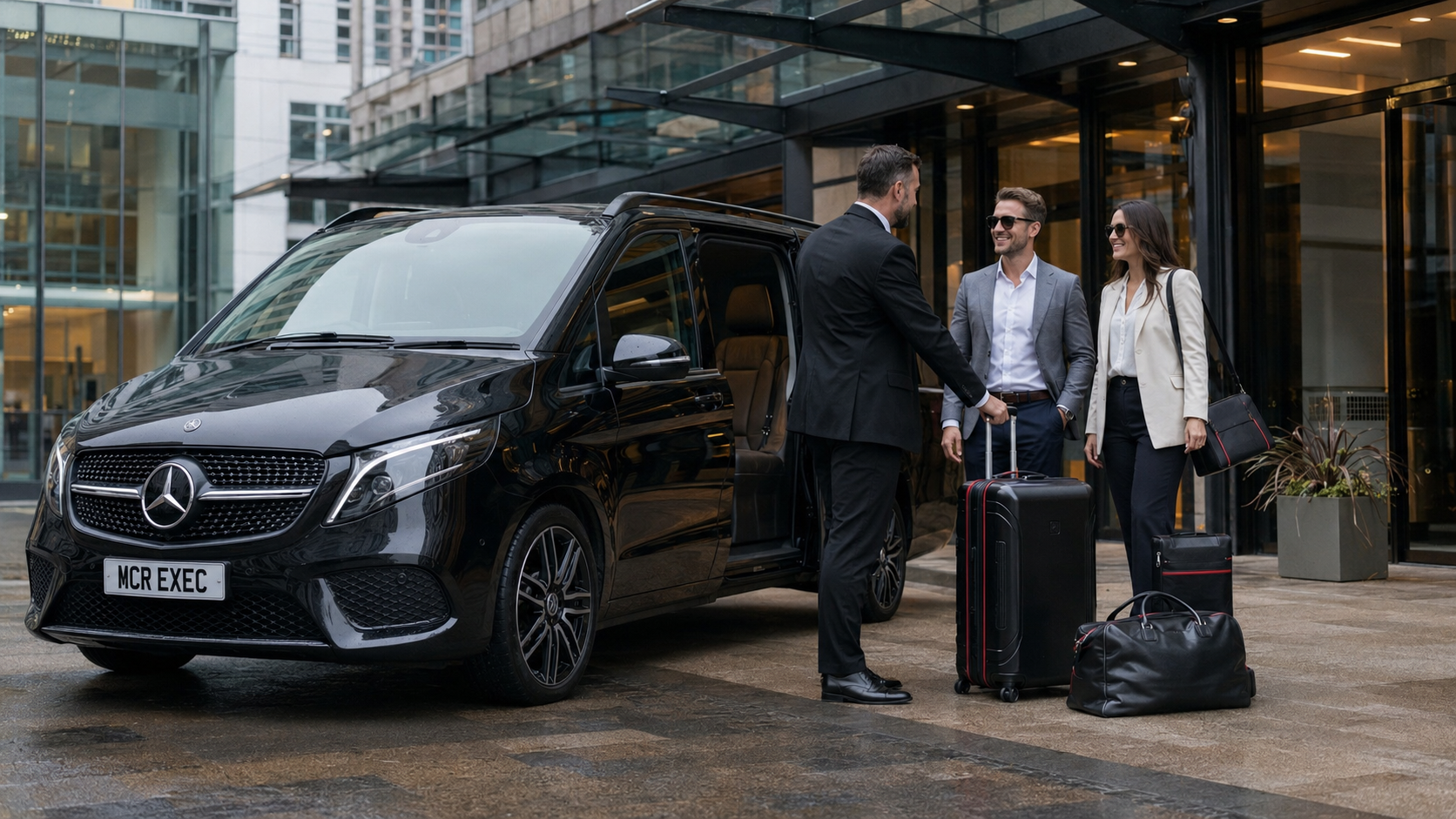 Black Mercedes V-Class chauffeur vehicle for Manchester to Silverstone British Grand Prix travel with MCR EXEC