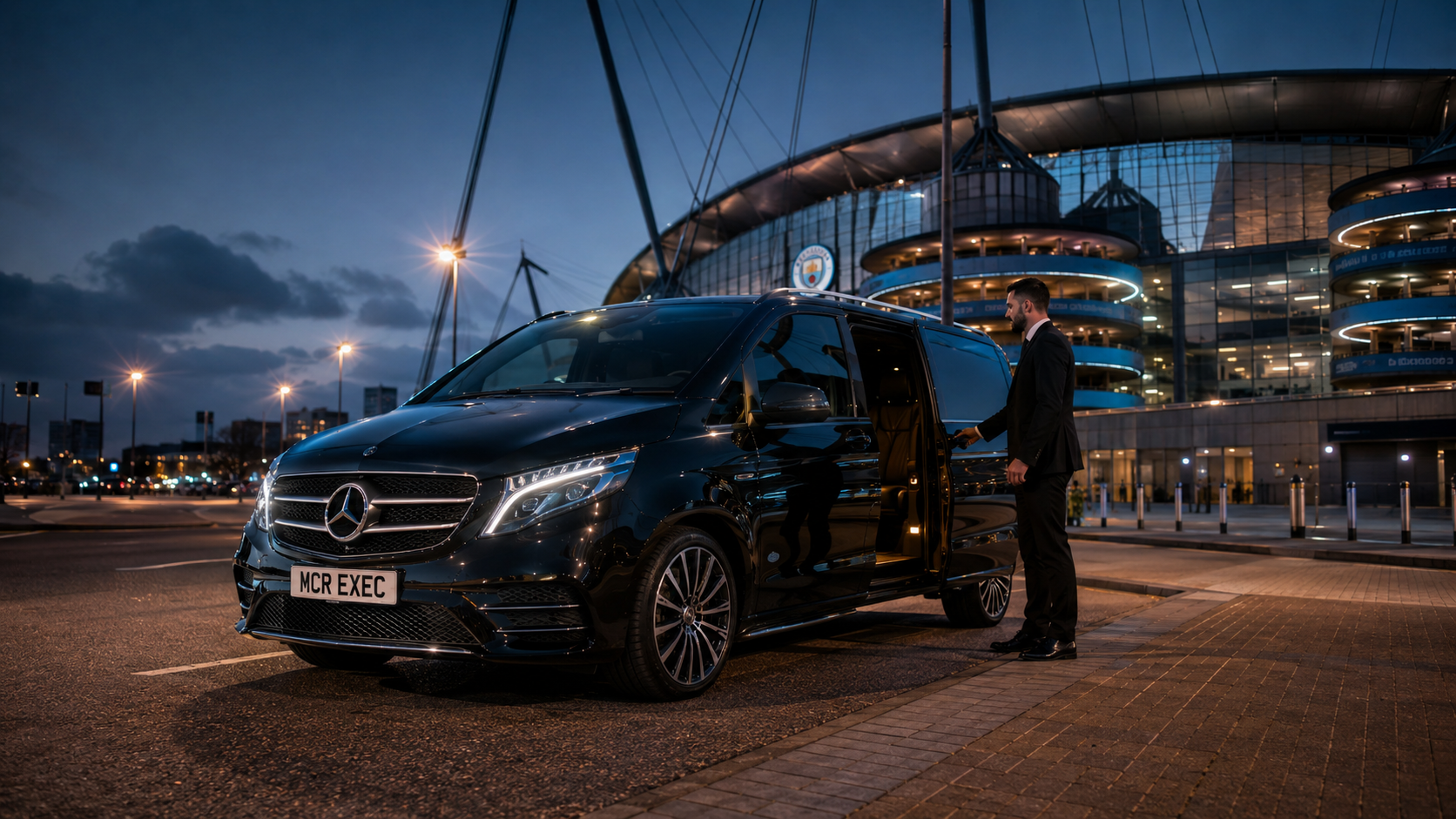 The Weeknd Etihad Stadium Manchester concert travel image showing a luxury black Mercedes V-Class by Etihad Stadium for executive event transport.