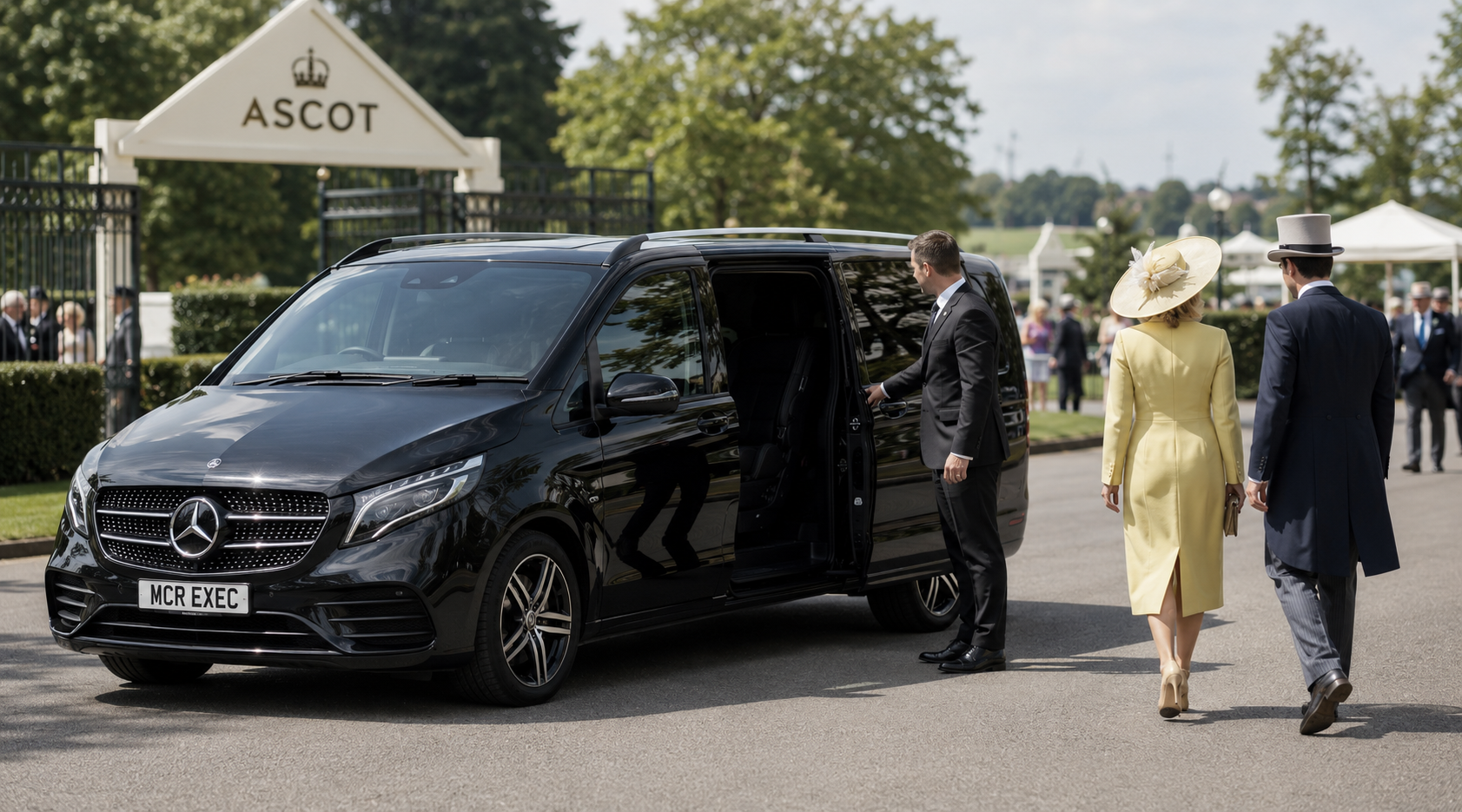 Royal Ascot chauffeur travel from Manchester showing a black Mercedes V-Class with MCR EXEC number plate arriving near Ascot Racecourse.
