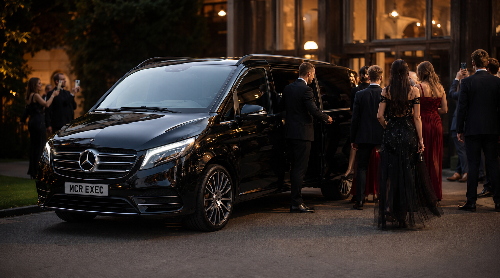 Prom Transport Manchester featured image showing a black Mercedes V-Class with MCR EXEC number plate outside an elegant prom venue in Manchester.
