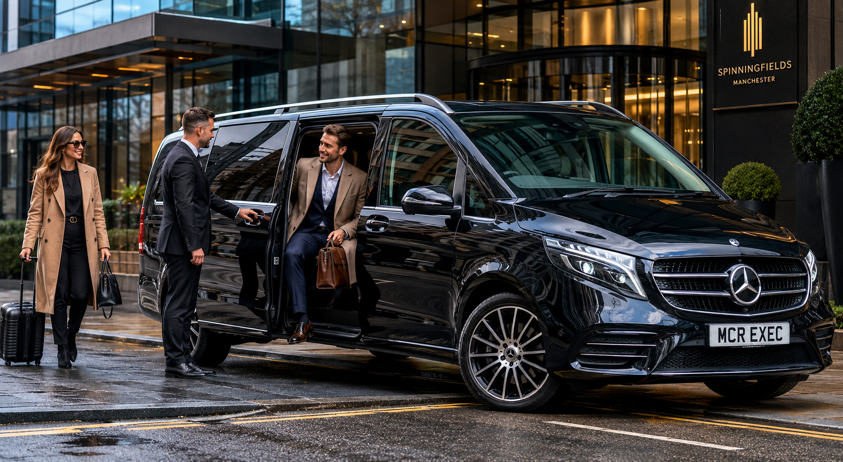 Chauffeur Service Manchester with a black 2025 Mercedes-Benz V-Class showing an MCR EXEC number plate outside a modern city-centre hotel