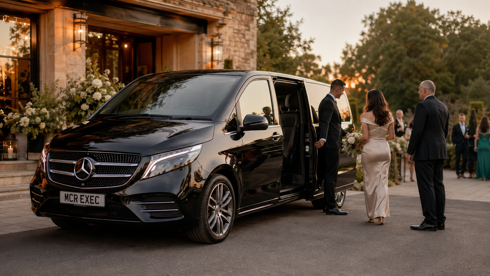 Wedding Transport Manchester with a black 2025 Mercedes-Benz V-Class showing an MCR EXEC number plate outside an elegant Manchester or Cheshire wedding venue