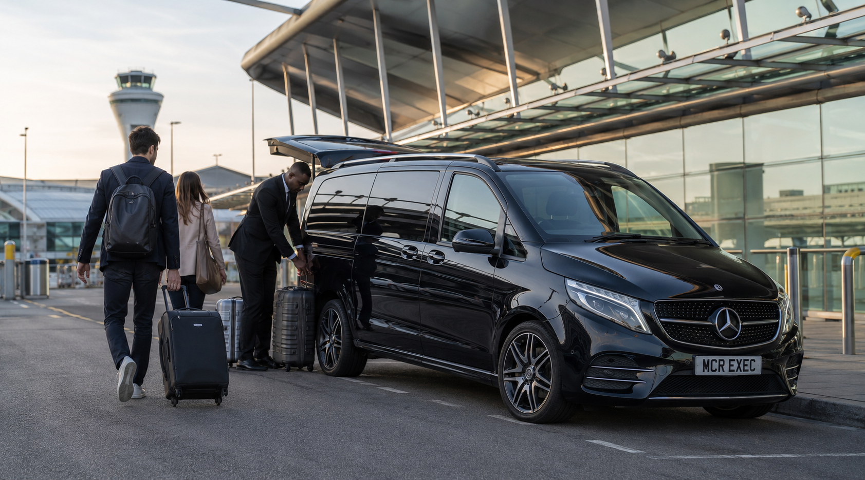 Commonwealth Games Glasgow transport from Manchester Airport with a black 2025 Mercedes V-Class MCR EXEC chauffeur vehicle ready for a long-distance airport transfer to Glasgow 2026