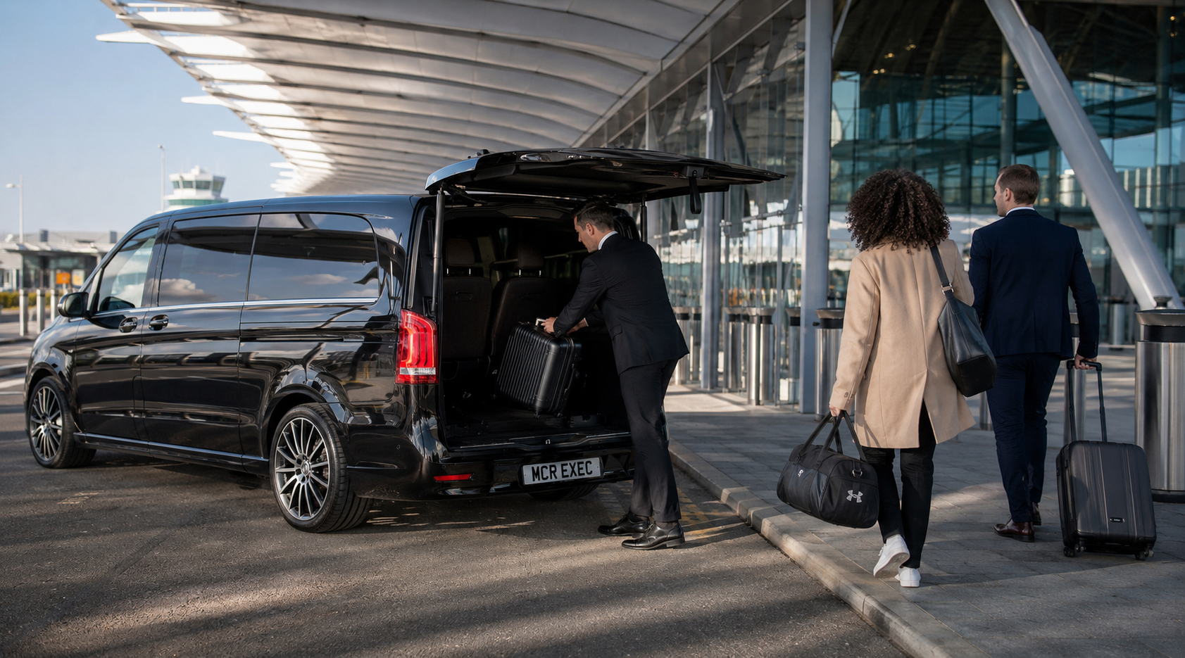 Heathrow Airport To Glasgow Commonwealth Games transport with a black 2025 Mercedes V-Class MCR EXEC chauffeur vehicle prepared for a long-distance private transfer to Glasgow 2026