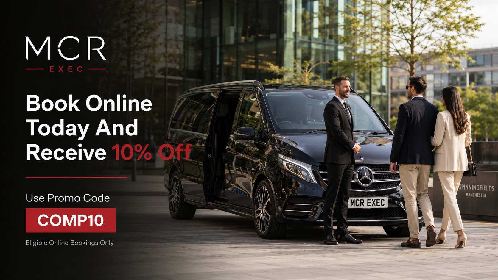 MCR EXEC online booking offer showing COMP10 promo code for eligible Manchester chauffeur bookings