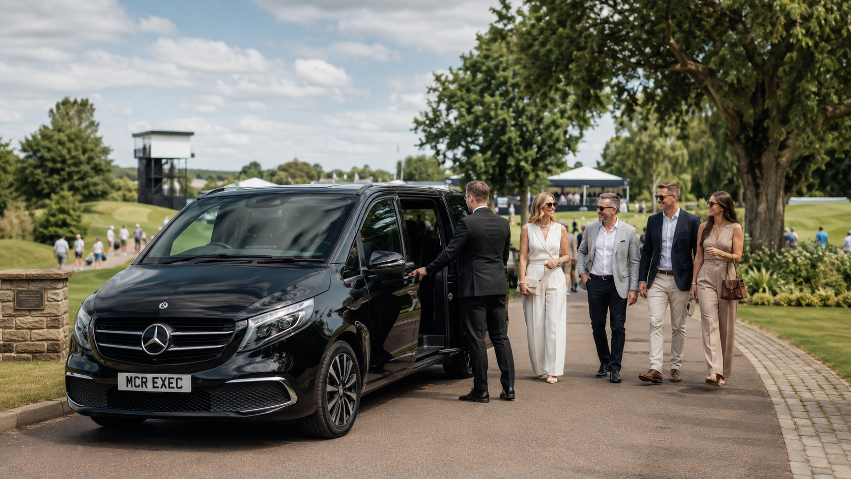 LIV Golf chauffeur hire from Manchester with an MCR EXEC Mercedes V-Class collecting corporate hospitality guests for a full-day journey to JCB Golf & Country Club.
