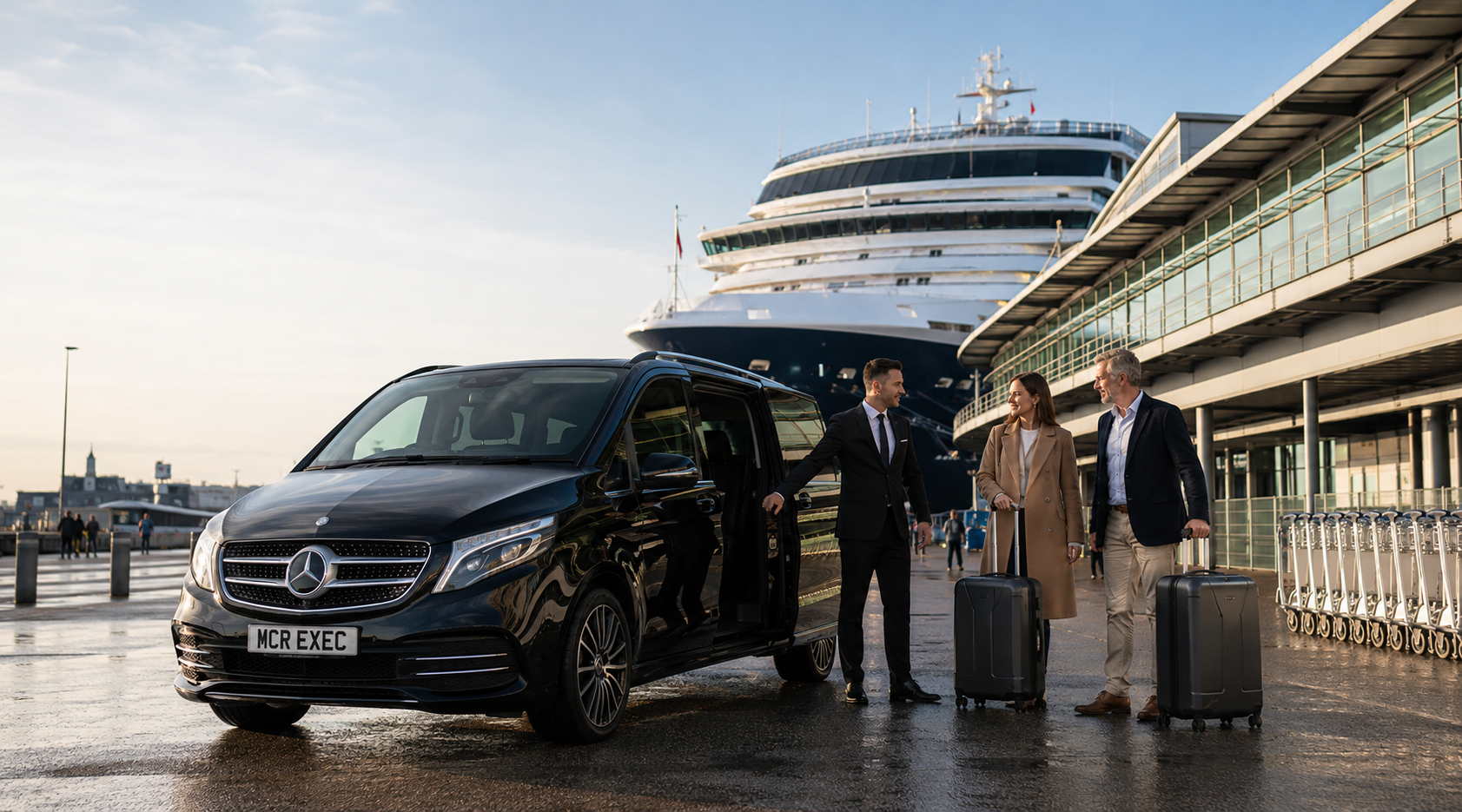Manchester to Southampton cruise transfer with a black Mercedes V-Class from MCR EXEC arriving at Southampton Cruise Terminal beside a cruise ship.