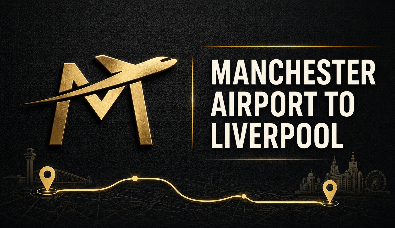 Gold MAC emblem with Manchester Airport to Liverpool chauffeur route graphic.