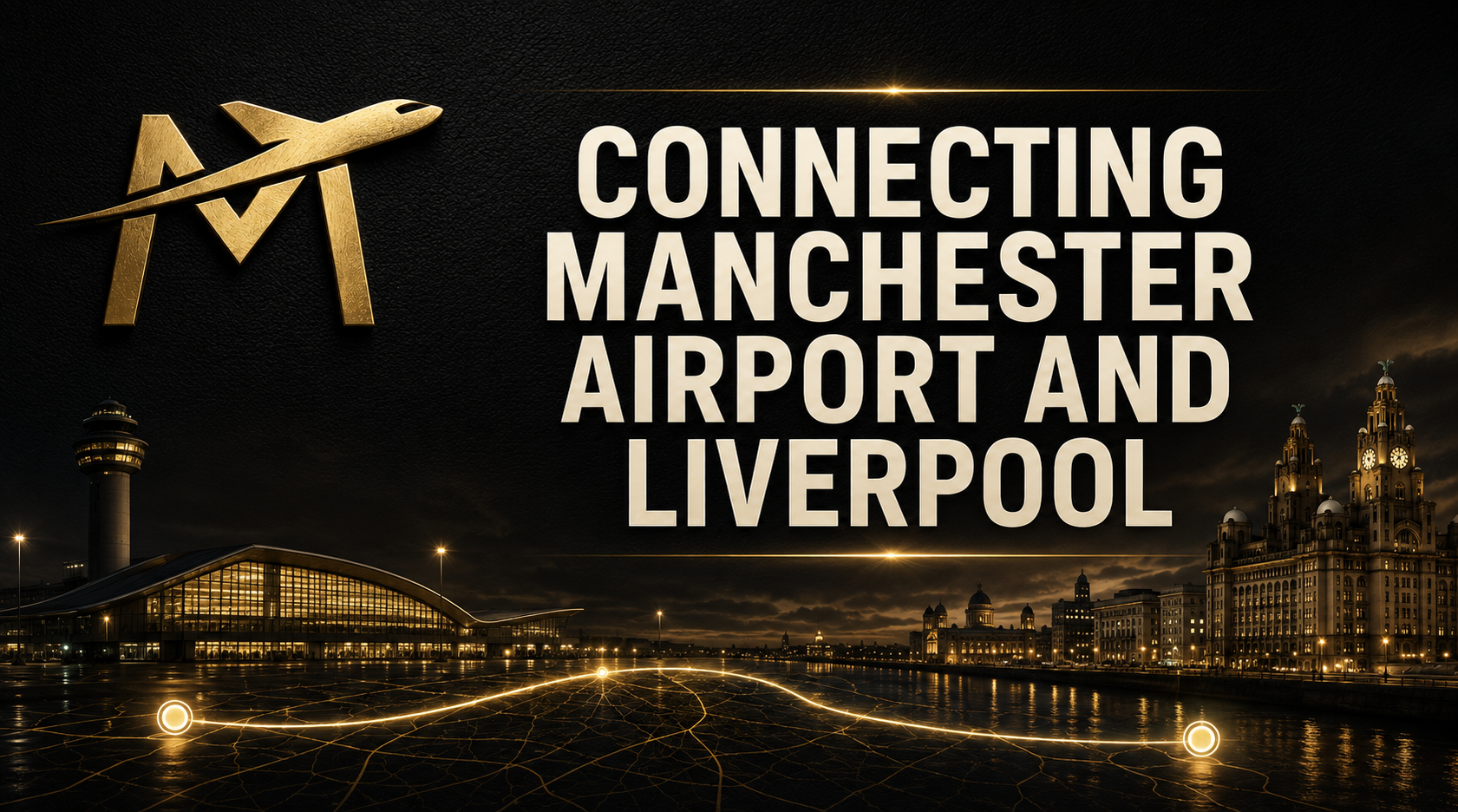 Gold MAC emblem connecting Manchester Airport and Liverpool with an illuminated chauffeur route graphic.