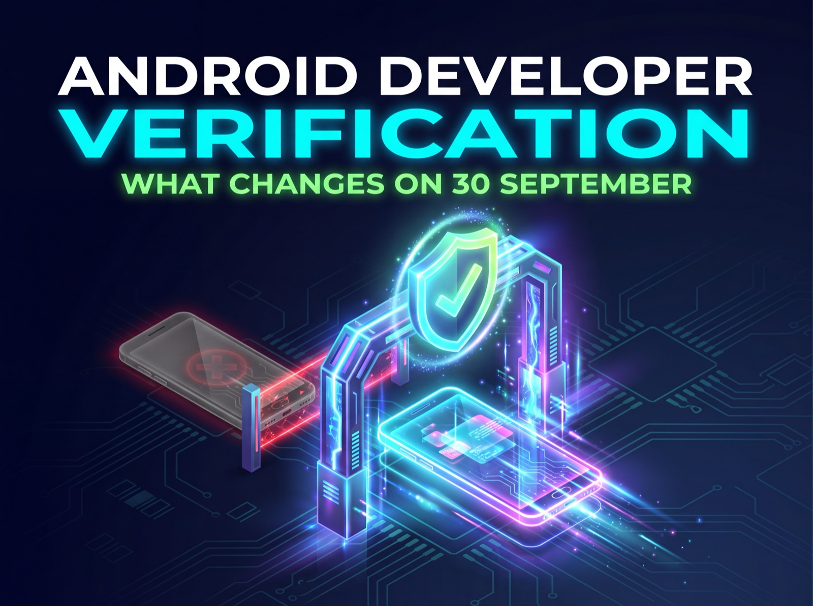 Cover graphic reading Android Developer Verification: What Changes on 30 September, with a neon illustration of a verification badge and a mobile device