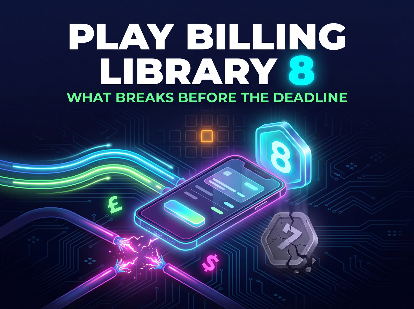 Cover graphic reading Google Play Billing Library 8, illustrating the two deadline dates Google gave for the same change