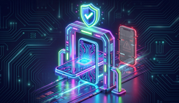 Neon isometric illustration of a phone passing through a verification gate beneath a shield with a tick