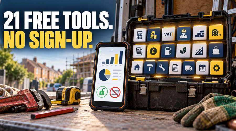 Free tools for tradespeople: a rugged phone and a toolbox of calculator icons on a van tailgate, captioned 21 free tools, no sign-up