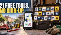 Free calculators for tradespeople on a phone beside a toolbox