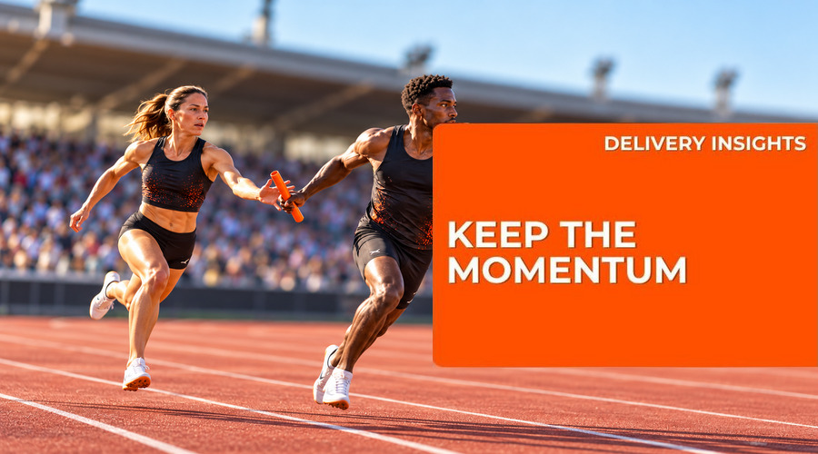 Relay runners handing over the baton to keep business momentum