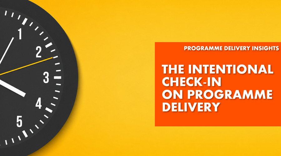 Relentica - the intentional check in on programme delivery text with a black clock on a yellow background