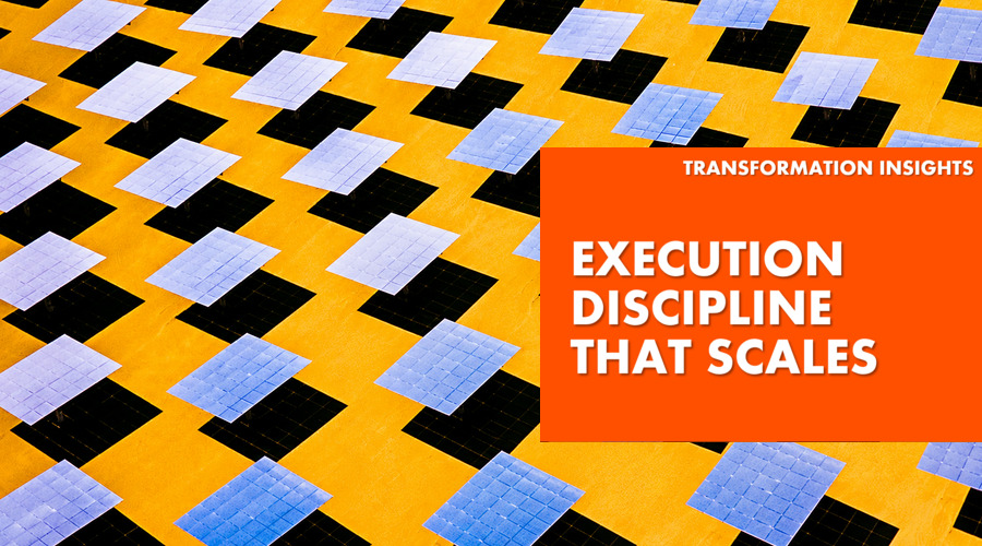 Execution Discipline that Scales - text over blue squares on yellow background - Relentica