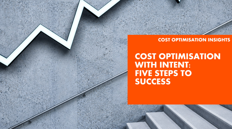 Relentica: Cost Optimisation with Intent: Five Steps to Success over an image of some stairs and a chart going upwards