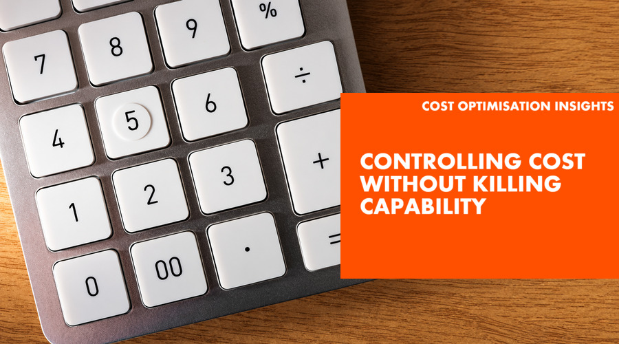 Relentica - Cost Optimisation - Controlling Costs without killing capability text of an image of a calculator keyboard