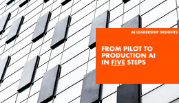 From Pilot to Production AI in Five steps text over a building with black windows