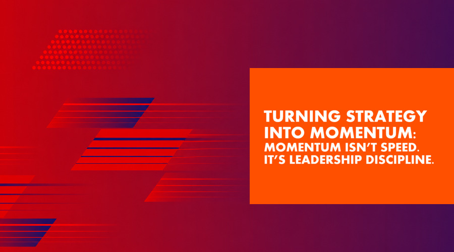Relentica - turning strategy into momentum text over red background with shapes showing movement
