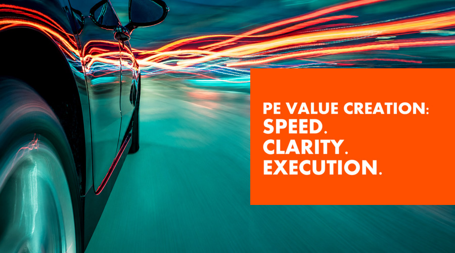 Relenitca - PE value creation: speed, clarity, execution text over a car travelling at speed with blurred lights